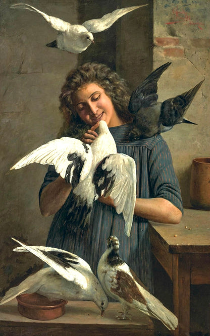 Feeding the doves portrait by Claudio Rinaldi Frame 30x40